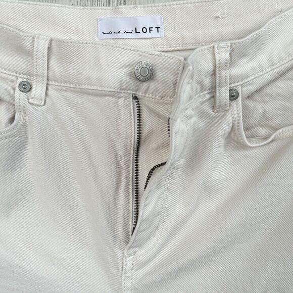 LOFT SZ 27/4 Straight Crop Jeans High-Rise Frayed Hems Zip-Fly Stretch Beige - Picture 7 of 10